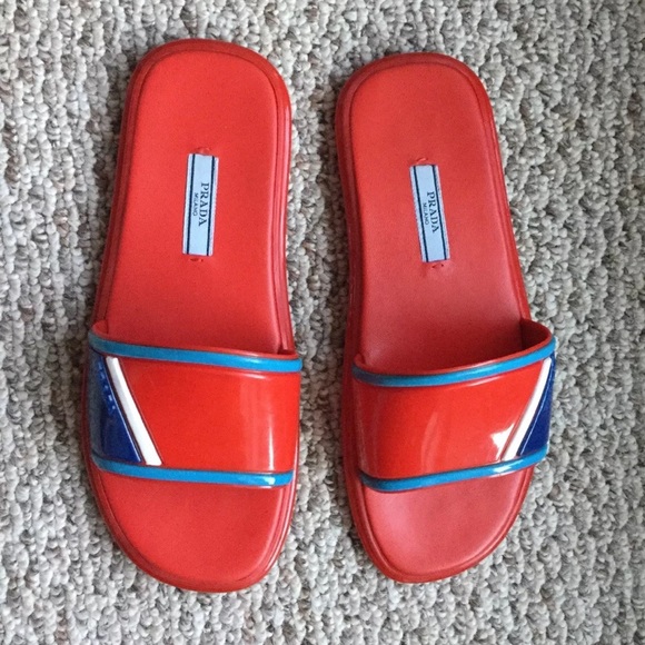 Prada Shoes - 254 Prada Red Rubber Slide Women’s Sandals Size 38